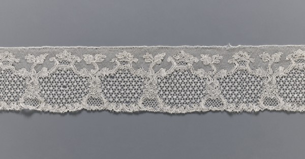 Lace fragment, purchased provenance noted, lace, Malines Mechelen lace, shell and plant pattern;