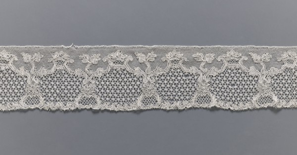 Lace fragment, purchased provenance noted, lace, Malines Mechelen lace, shell and plant pattern;