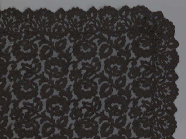 Cape, lace, in the form of a square with two wide, elongated lace ties. Continuous floral ornament