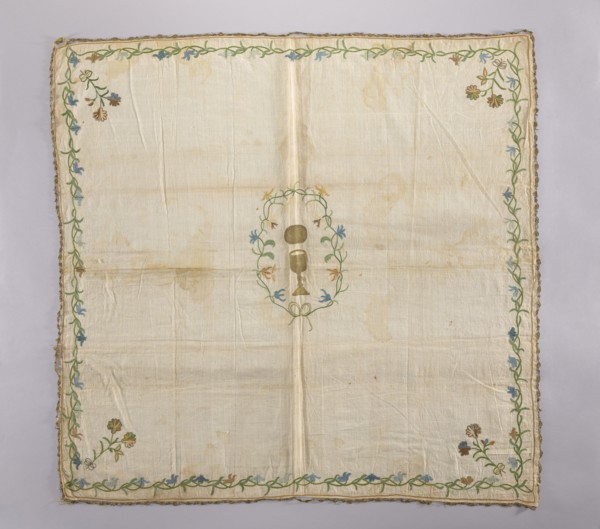 Church napkin. Napkin made of linen fabric with a rare plain weave. Embroidered with chain stitch