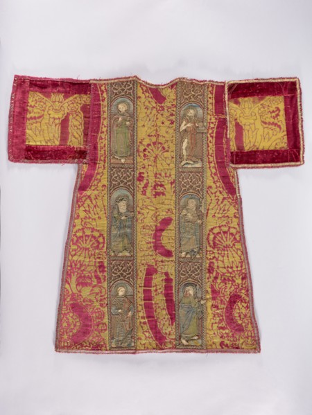 Half of a dalmatic. Preserved half of a dalmatic made of red, patterned, large-scale velvet with