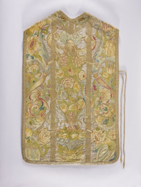 Chasuble, provenance unknown. Embroidered chasuble with birds, flowers, and fruit ornament;