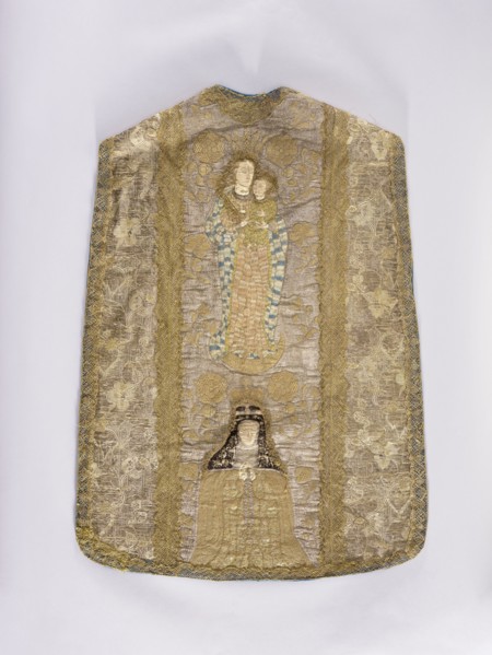 Chasuble;, Madonna and Child; St. Bridget 1303–1373. Slepowron coat of arms; coats of arms: