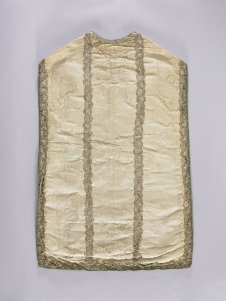 Chasuble, liturgical vestment, 18th century, possibly France. Against a background of broken lines,