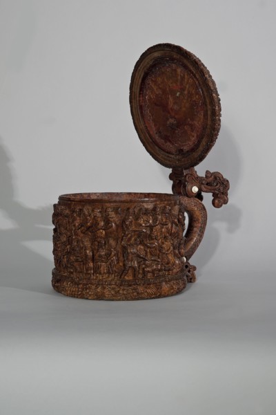 Wooden tankard, carved, probably a peg tankard, religious scenes, Gospel scenes, Resurrection of