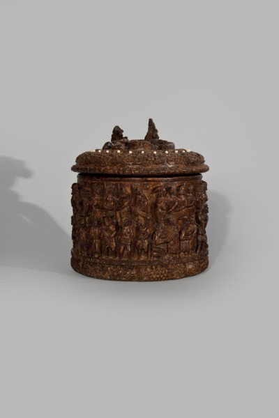 Wooden tankard, carved, probably a peg tankard, maker, religious scenes, Gospel scenes,