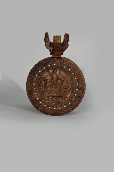 Wooden tankard, carved, probably a peg tankard, Depicts religious/Gospel scenes, including Passion