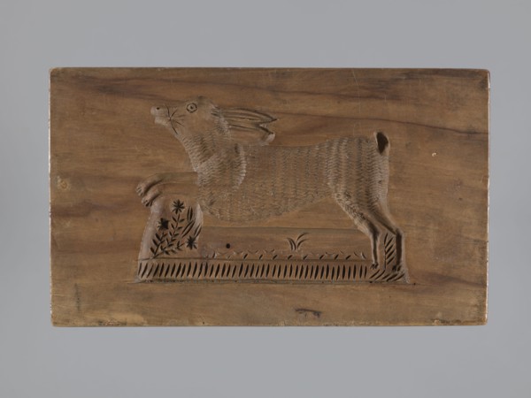 Double-sided gingerbread mold; obverse: sheep, reverse: hare. Woodcarving, folk-style decorations;