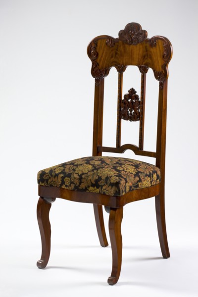 Chair, mahogany chair with a padded seat and a high openwork backrest, with carved decoration.