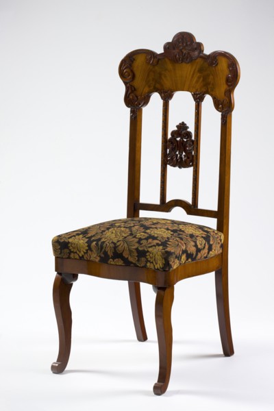 Chair, mahogany chair with a padded seat and a high openwork backrest, with carved decoration;