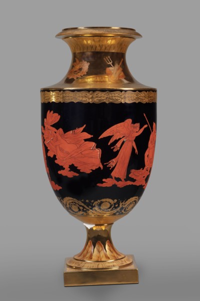 Amphora vase with a retinue of Greek gods; early 19th century, Germany, Berlin. Ovoid body with a