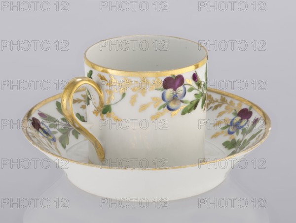 Cup and saucer, Korzec Porcelain and Faience Manufactory 1790–1832, colorfully painted with a