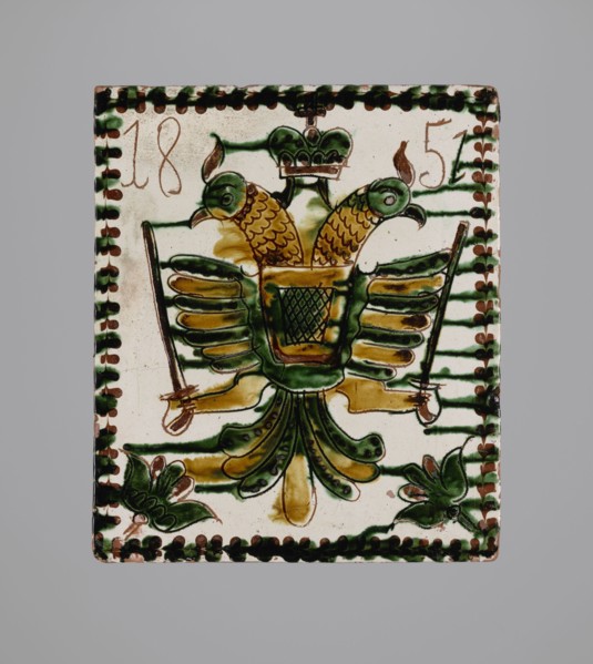 Tile, tiles, eagles, stoves, plant decorations, Hutsulshchyna, Decoration with a double-headed