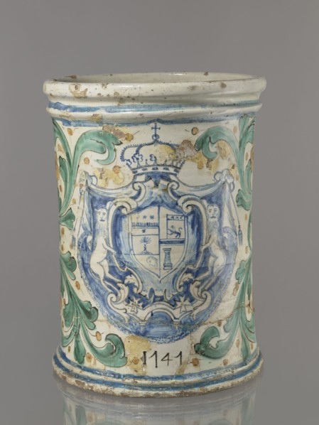 Vessel - flowerpot; cache-pot vessel; cylindrical flowerpot with profiled rollers at base and spout