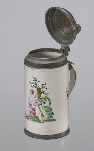 Cylindrical tankard in a pewter frame, Prószków Slaski faience factory; 1763–1853. White, painted