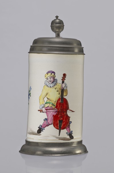 Tin-mounted tankard, Prószków Slaski faience factory 1763–1853. White cylindrical tankard in a