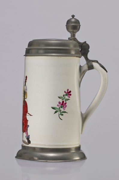 Tin-mounted tankard, Prószków Slaski faience factory 1763–1853. White cylindrical tankard in a