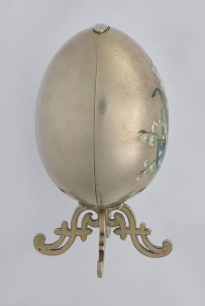 Easter egg, lilies of the valley and forget-me-nots decoration; silver egg, smooth, composed of two