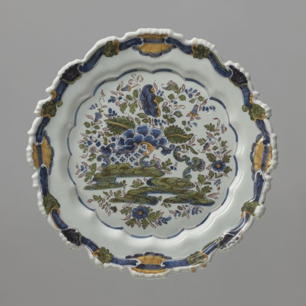 Plate, faience factory Pasquale Antonibon active 1670–1884 maker, reclaimed provenance. Round,