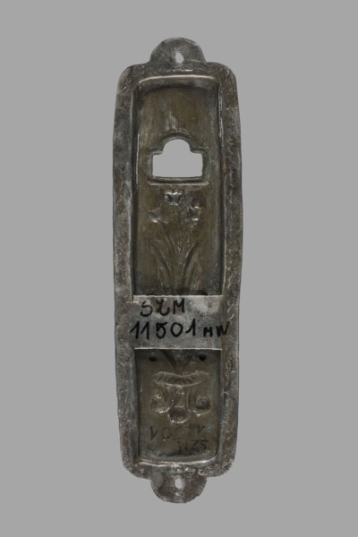 Mezuzah, Judaica; rectangular profiled sheet of low-grade silver edged with a flat ribbon decorated