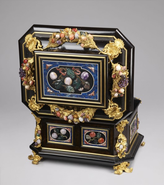 Jewel box, pietra dura; made of blackened wood, partly ebony, cuboid with chamfered corners