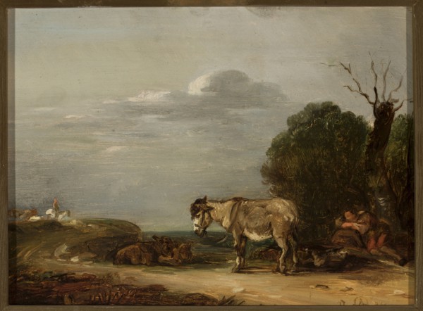Landscape with a Donkey, Monogramist AD artist unknown, Rural Landscape. In the foreground, a road