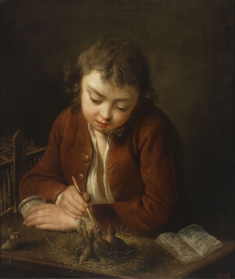 Boy Feeding Chicks, Charpentier, Jean-Baptiste 1728–1806, French painting, genre scene in the