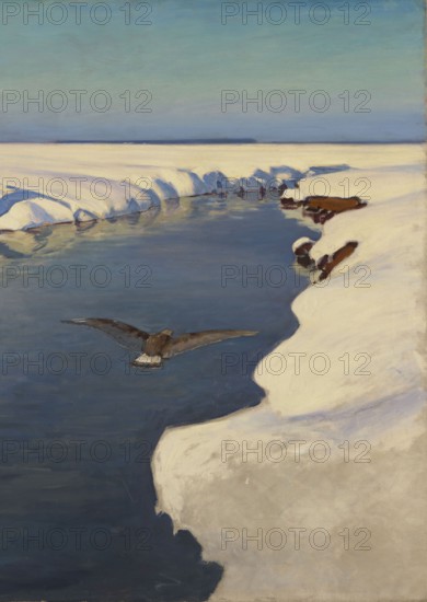Winter Landscape with a River and a Bird, Julian Falat 1853–1929; oil painting, 1913. Subject: