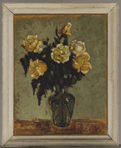 Tea roses in a green vase; Jan Bohuszewicz 1878–1935, painter; contemporary painting; flowers,