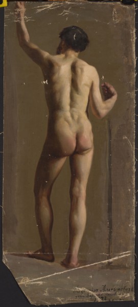 Standing male nude, back facing; Kazimierz Alchimowicz 1840–1916, painter; academic study of a male