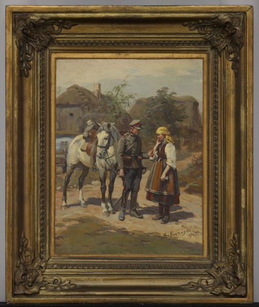 Soldier and a Peasant Girl, Stanislaw Bagienski 1876–1948, painter; 1925; oil painting; 45.5 × 35.5