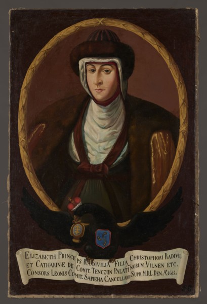 Portrait of Elzbieta Sapiezyna, née Radziwill 1583–1611, unknown Polish painter. Oval portrait in a