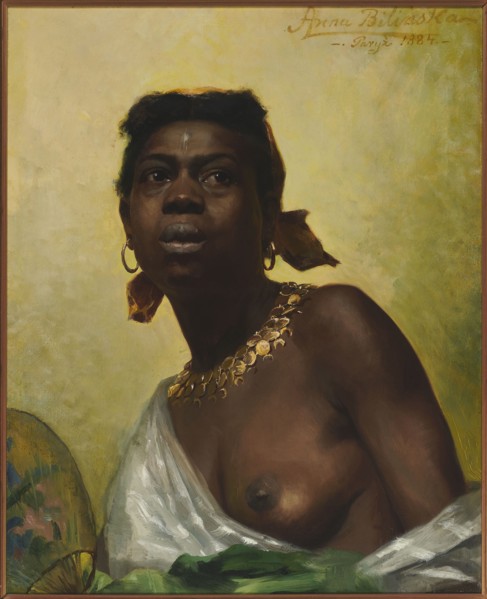 Black woman, Bilinska-Bohdanowiczowa, Anna 1854–1893 painter, jewelry, female semi-nudes, earrings,