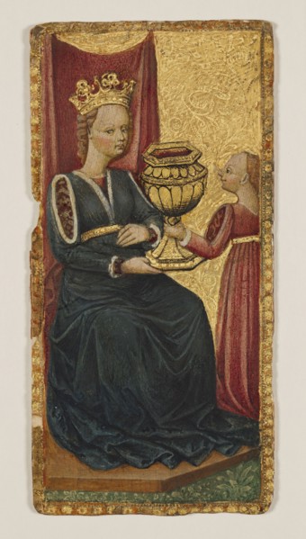 Tarocca playing card — Queen of Cups illuminated, unknown painter, Italian painting, costumes,