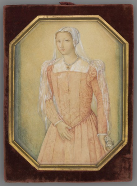 Portrait of Queen Bona after a watercolor miniature on parchment of the Flemish school, Atelier - A