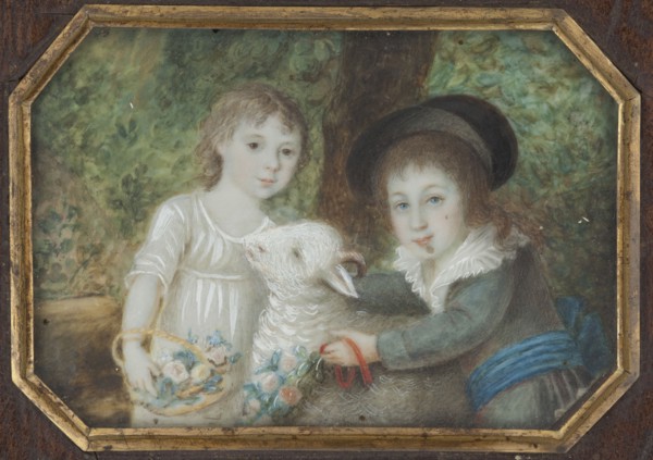 a Portrait of a man in a green tailcoat with red lapels, head of the family; b girl and boy with a
