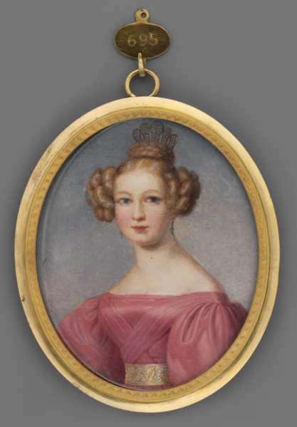 Eliza Baroness de Reitzenstein Dannet in a pink dress with puffed sleeves, waist-length portrait,