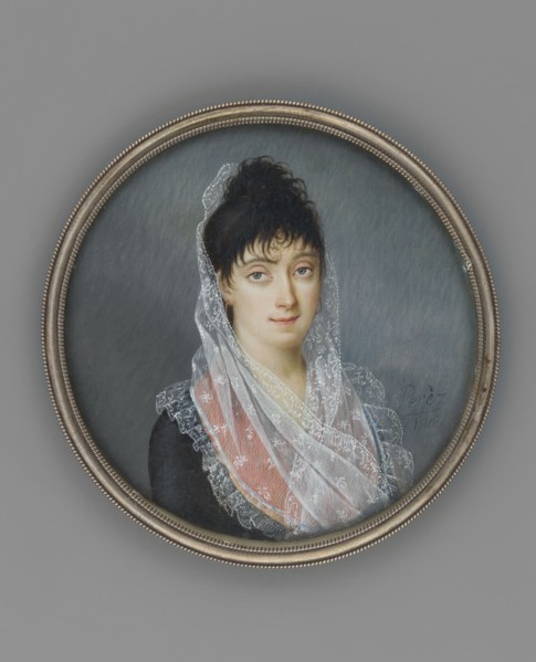 Portrait of a Young Woman in a White Lace Mantilla, Perez fl. 1795–1815, painter; headgear veil;