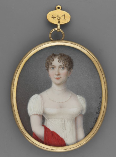 Portrait of a Young Woman in a White Empire Dress, Peter Mayr 1758–1836. Standing half-length,