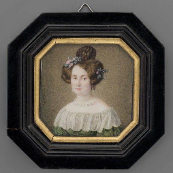 Portrait of Pastor Kraus's wife in a green dress decorated with a berta, Gauff, Johannes 1804-1858