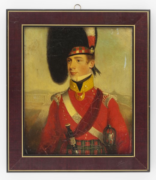 Portrait of a young soldier in Scottish costume, unknown artist. Male portrait to the waist, left;