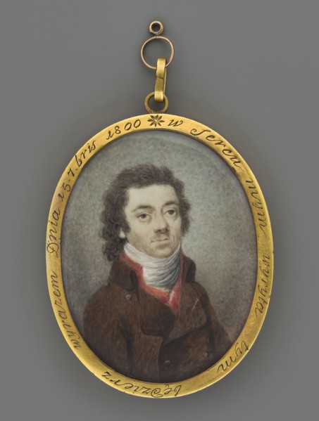 Tadeusz Kosciuszko in a brown civilian frock coat. Half-figure, three-quarters right. Dark hair,