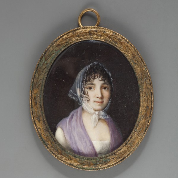Portrait of a woman in a headscarf, unknown artist. Three-quarter portrait of a woman with dark,