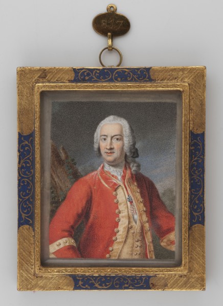 Portrait of a man in a red tailcoat, unknown painter; portrait bust, up to the waist of a man