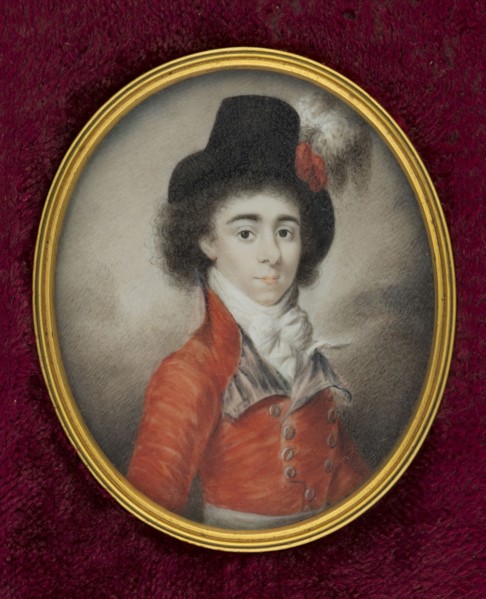 Portrait of a man in horseback riding or hunting attire. Half-length figure facing right. Black