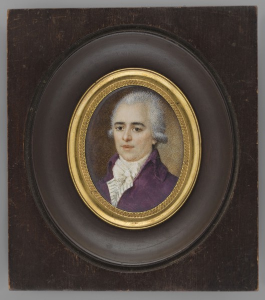 Portrait of a man in a purple tailcoat, bust three-quarters left. White wig; white cravat tied with