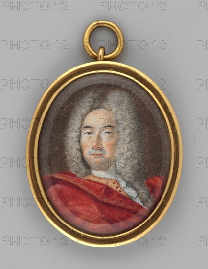 Portrait of a man in a curly wig and a red coat. Shoulder-length portrait, bust 3/4 right, head