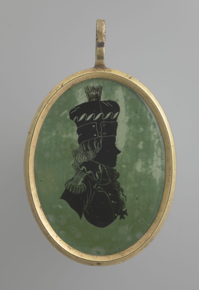 Tadeusz Kosciuszko in a general's uniform, profile silhouette. Black silhouette on a light green