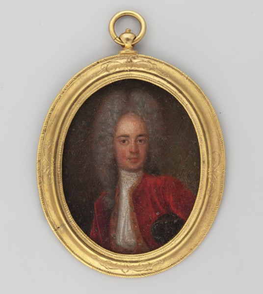 Portrait of a young man, unknown artist, applied wig with curls, frock coat and jabot, waist-length