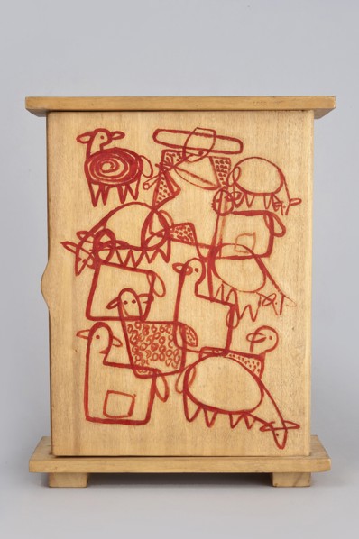 Wardrobe from a set of doll furniture, single-door wooden wardrobe with painted decoration covering